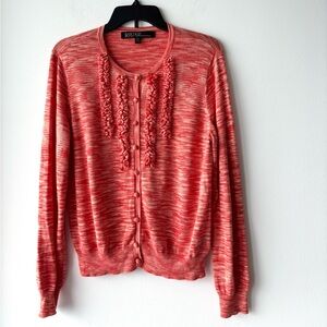 Vintage Kasper Cardigan Sweater Orange White Ruffle Cotton Modal Large Petite